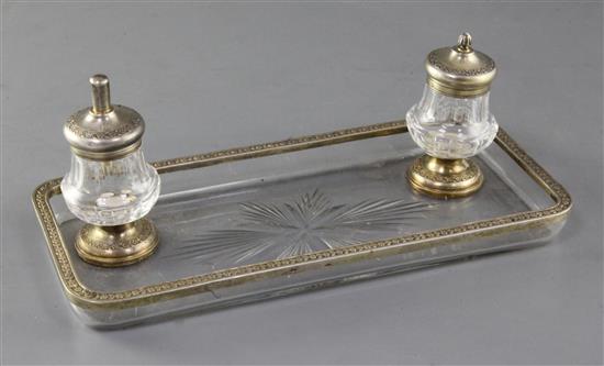 A late 19th/early 20th century French 950 standard silver gilt mounted rectangular glass inkstand by Jules Marie, Paris, 24.8cm.